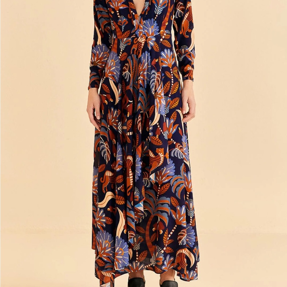 FARM Rio Navy Blue Floral Wrap Maxi Dress with Rust and Cream Accents - Picture 6 of 12